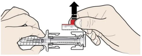 Two hands handling a transparent medical device with a black arrow pointing downward