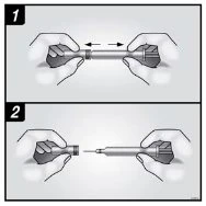Two hands pulling the ends of a medical device in opposite directions in the first panel, separating it in the second panel
