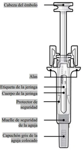 Technical diagram of a syringe with Spanish labels indicating the tip of the