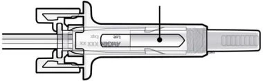 Technical diagram of a medical injection pen with dose indicator, labeled batch and text, and a textured grip on the right side