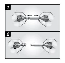 Due diagrammi mostrano due mani che separano i componenti di un dispositivo medico tramite un movimento di trazione orizzontale verso l'esterno