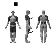 Three stylized figures of a man viewed from front, side, and back, with dark areas highlighted on chest, abdomen, hips, and thighs