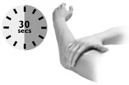 A bent arm with a hand massaging the elbow next to a timer indicating a 30-second interval