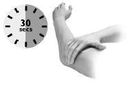 A stylized clock indicating 30 seconds next to a person massaging their arm with the right hand