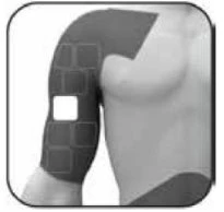 Medical diagram showing a patch applied to the upper arm of a male human torso in black and white