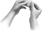 Two open hands holding and gently separating a small white rectangular pouch or envelope against a neutral background