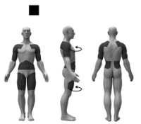 Three stylized human figures show a male body from front, side, and back views, with dark areas indicating drug application sites
