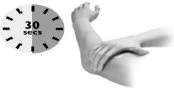Medical diagram showing a clock indicating 30 seconds and a bent arm with a hand massaging the elbow area