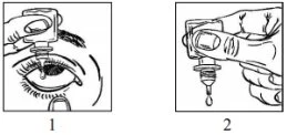 Due disegni in bianco e nero mostrano una mano che tiene un contagocce per instillare una goccia di medicinale nell'occhio aperto