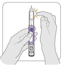 Two hands holding a purple and white injection pen while a finger presses the top of the device to activate the