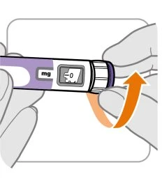 Two hands holding a white and purple cylindrical container while an orange arrow indicates the rotational movement of the cap toward the