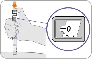 A hand holding an injector pen with an orange arrow pointing toward the