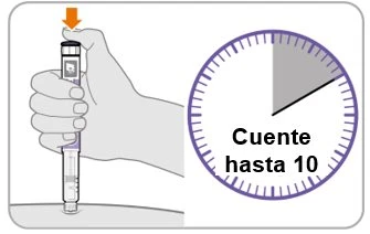 A hand holding an auto-injector placed on the skin next to a clock indicating the time to count to 10