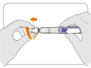 Two hands holding an injection pen with a curved orange arrow indicating rotating the upper part to the left