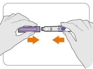 Two hands bringing together two components of a purple medical device indicated by orange arrows facing each other