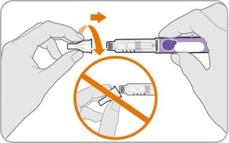 Two hands separating a gray cap from a purple injection pen with a curved orange arrow and a prohibition symbol on a