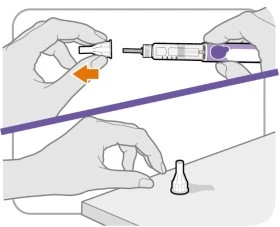 Two hands removing a white cap from an injector pen and a hand placing it on a flat surface