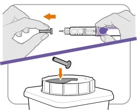 Two hands separating a gray cap from an injector pen and an arrow indicating the