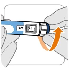 Two hands holding a blue and white injection pen while an orange arrow indicates rotating the top part of the device