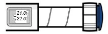 Technical diagram of a medical device with a digital display showing the numbers 21.0 and 22.0 and a cylindrical body with grooves
