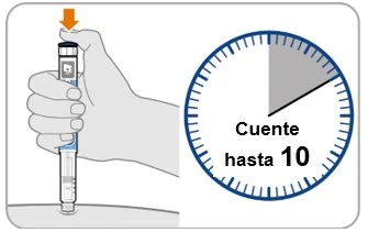 A hand holding a medical device with an orange arrow and a clock indicating waiting time with the text 'Count to 10'