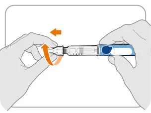 Two hands holding an injection pen while a curved orange arrow indicates rotational movement to screw or unscrew the tip