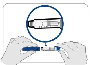 Two hands holding a medical device for subcutaneous injection