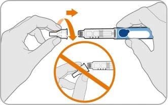 Two hands assembling a cap onto an injection pen with an orange arrow and a prohibition symbol showing incorrect assembly