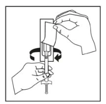 Two hands manipulating a syringe with a vertical device, one hand holding a paper tab and the