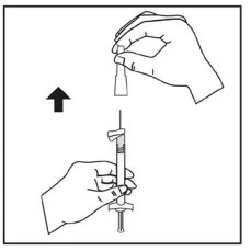 A hand lifting a cap from a syringe with needle pointing away from the
