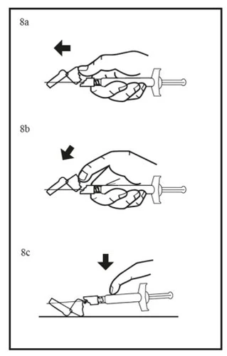 Three sequential drawings show a hand holding a syringe by the