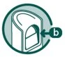 Circular medical diagram showing a white device with an open section indicated by an arrow and the letter b