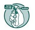 Illustration of a hand holding a spray bottle with labels indicating the spray nozzle and activation button on a green circular background