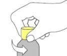 A hand grasps the yellow cap of a gray vial and rotates it clockwise in the direction of a curved arrow