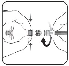 Two hands screwing a needle tip onto a syringe following the rotational movement indicated by curved and straight black arrows