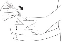 Technical drawing showing a hand inserting a syringe into the