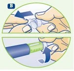 Due illustrazioni circolari mostrano mani che separano e poi ruotano un dispositivo medico con frecce blu che indicano il movimento