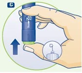 Una mano impugna un dispositivo medico blu e bianco con una freccia rivolta verso l'alto e un dettaglio dell'ago in un cerchio più piccolo
