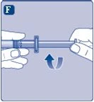 Two gloved hands holding a syringe while a curved blue arrow indicates rotational movement or withdrawal of the plunger upward