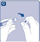 Two hands removing a protective cap from an injection pen with a curved blue arrow indicating the motion