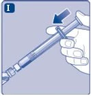 A hand holding a tilted syringe with a blue arrow indicating downward pressure on the plunger