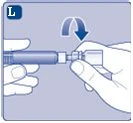 Two hands holding a medical device and rotating it to the right following the direction of a curved blue arrow on a light background