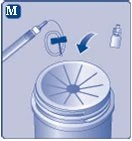 Medical diagram showing a syringe with needle, a vial, and a blue arrow indicating the transfer of liquid