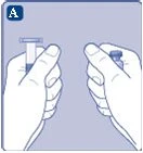 Two hands holding a vial and a small bottle respectively, on a light blue background with a letter A in a blue box at the top left