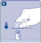 A hand pressing a medical device downward onto a small glass vial indicated by a blue downward arrow