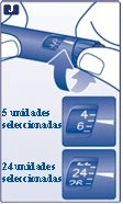 Mani che ruotano la parte superiore di una penna per insulina con due riquadri che mostrano la selezione di 5 e 24 unità