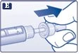 Una mano impugna la parte superiore di un dispositivo medico con una freccia blu che indica il movimento di rotazione verso destra