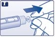 Una mano tiene una penna iniettiva mentre un dito preme il pulsante superiore seguendo la direzione di una freccia blu verso il basso