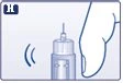 Illustrazione medica di una mano che impugna un dispositivo medico cilindrico con un ago sottile rivolto verso l'alto su sfondo bianco