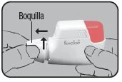 Due mani tengono un dispositivo medico bianco con una parte rossa mentre una freccia nera indica l'inserimento della boquilla sulla parte anteriore